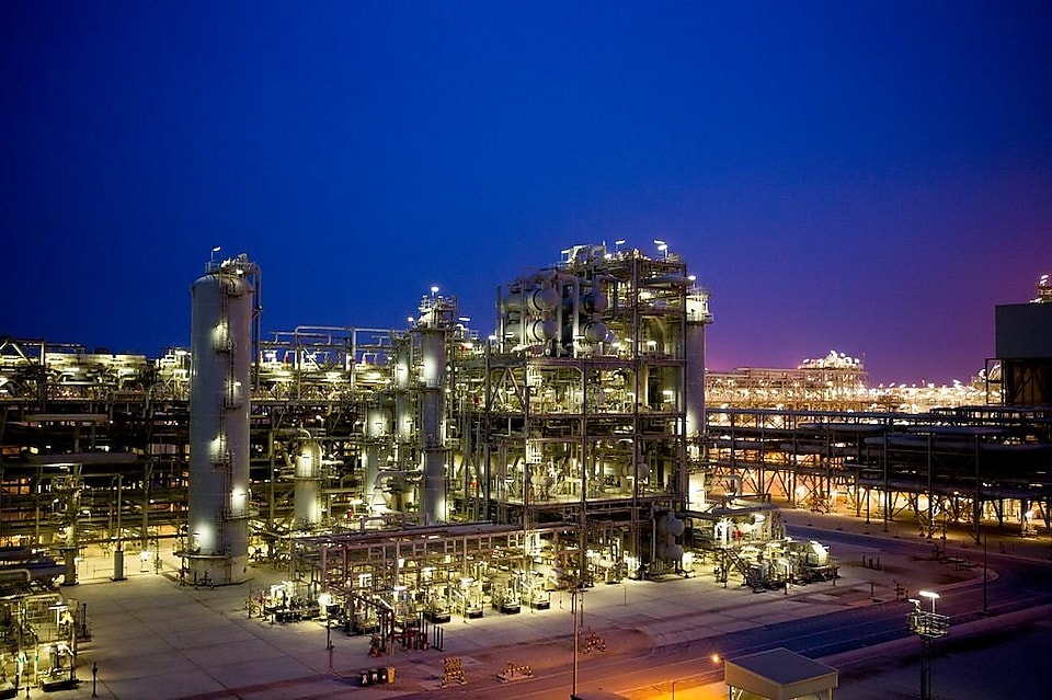 A Shell refinery at night.