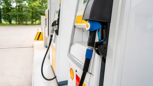 Detail shot of gas pump nozzle at Shell gas station