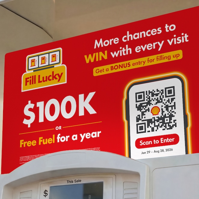 upclose image of fill lucky sign on top of shell gas station pump