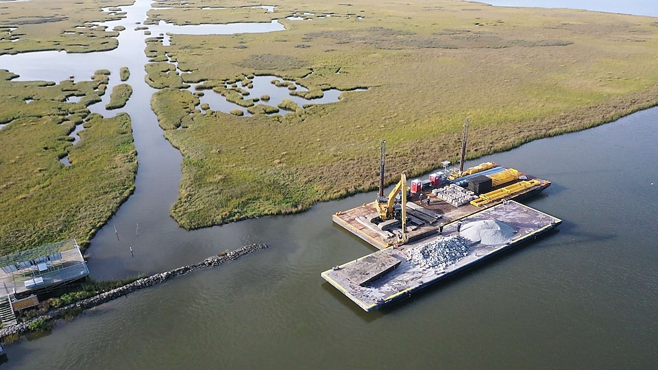 Aerial view of coastal restoration projects completed by Danos and Natrx in south Louisiana on behalf of Shell Pipeline Company.