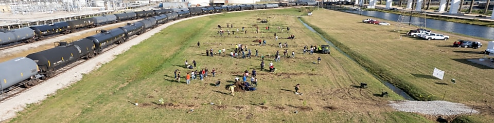 Arial shot of volunteers planting trees along the Houston Ship Channel